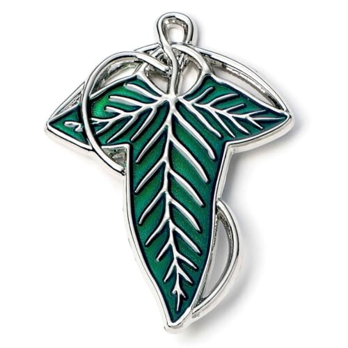 Silver pin badge shaped like a green leaf with detailed veins.