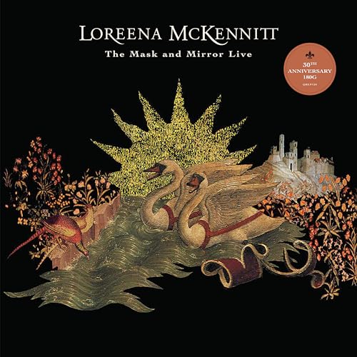 Album cover for Loreena McKennitt’s “The Mask and Mirror Live” with swans and a castle.