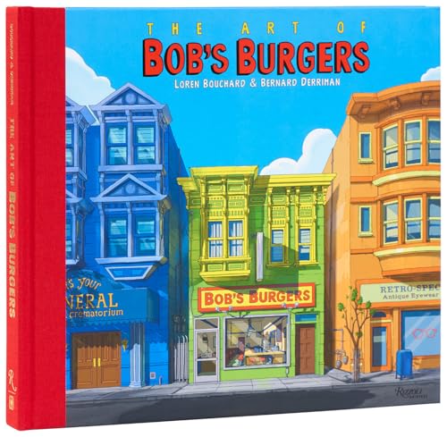 Hardcover book cover showing the Bob's Burgers restaurant storefront flanked by colorful city buildings.