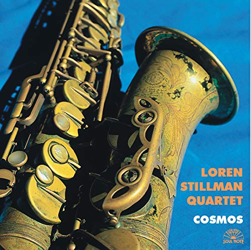 Close-up of a golden saxophone against a blue background, album cover.