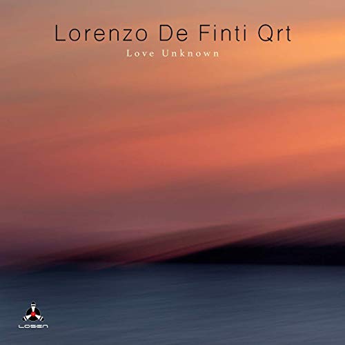"Album cover with serene ocean landscape at sunset, featuring 'Lorenzo De Finti Qrt' and 'Love Unknown'."