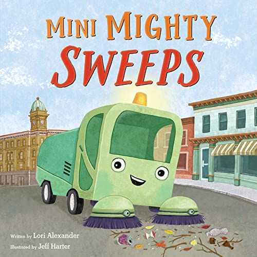 Green street sweeper truck with a smiling face, illustrated children's book cover.