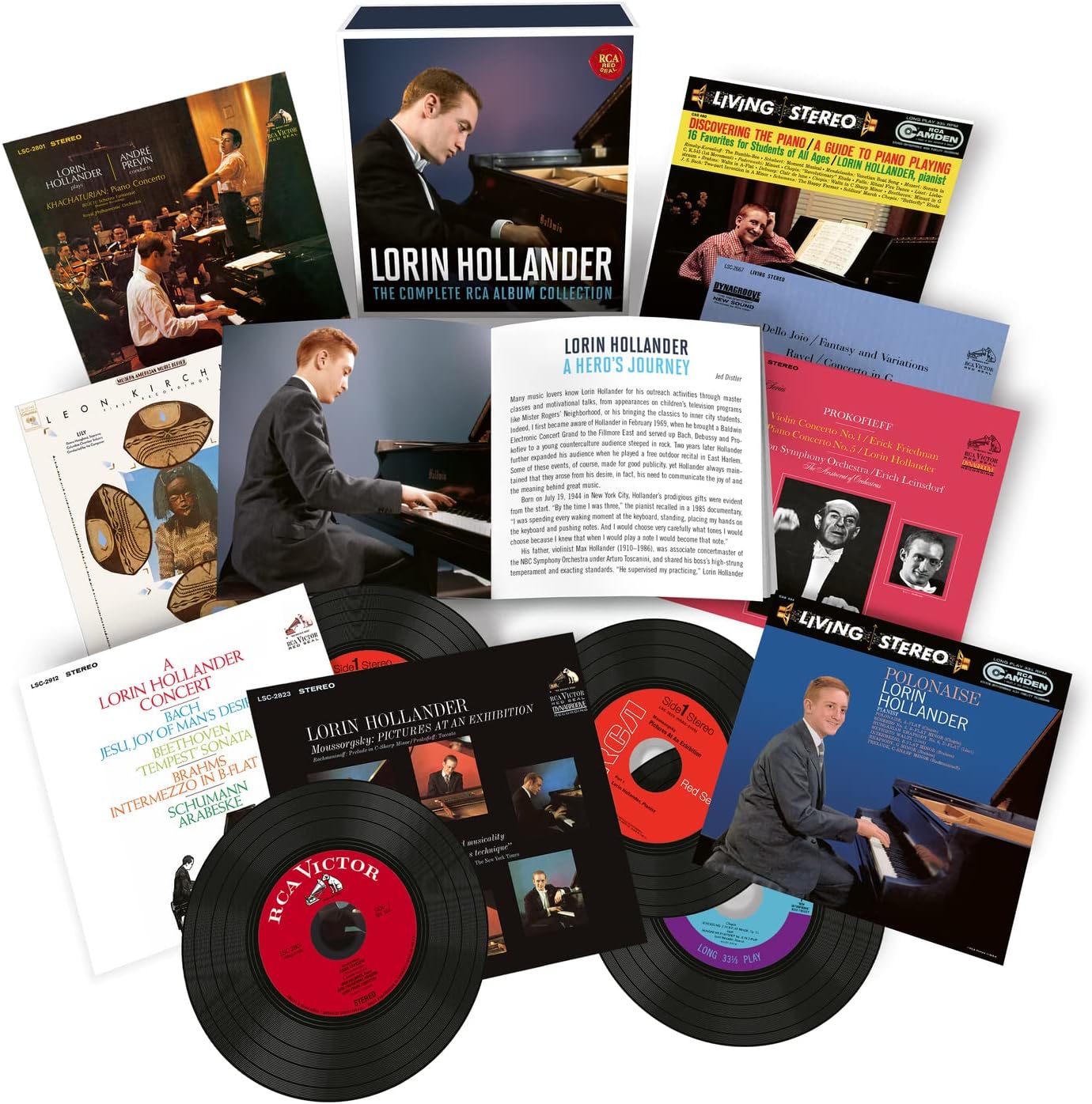 Lorin Hollander RCA box set featuring multiple CD covers, a booklet, and vinyl discs.