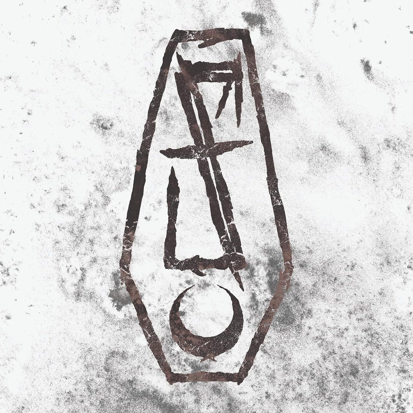 Dark, textured coffin shape with a crescent moon at the base.