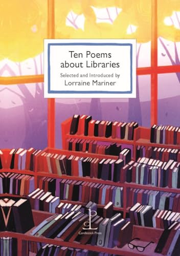 Book cover illustration of library bookshelves in front of a window with autumn trees.