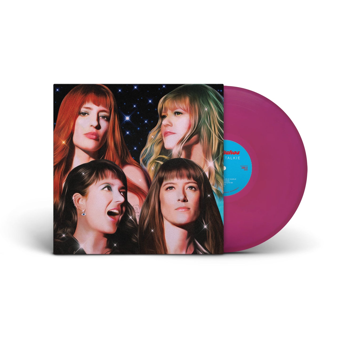 Magenta vinyl record featuring four women's portraits on the cover.