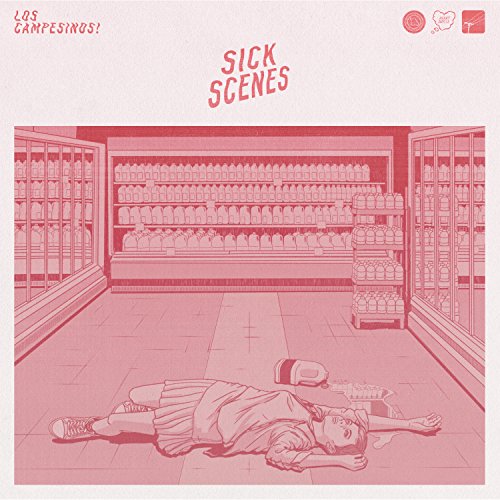 Pink album cover for "Sick Scenes" by Los Campesinos!, featuring a supermarket scene.