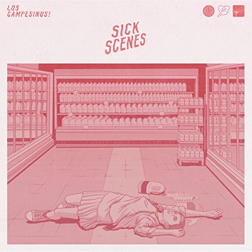 Pink album cover for Los Campesinos! depicting a supermarket aisle and a fallen person.