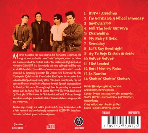 CD back cover of Los Lobos' "Earthquake Relief Concert 1989" with tracklist.