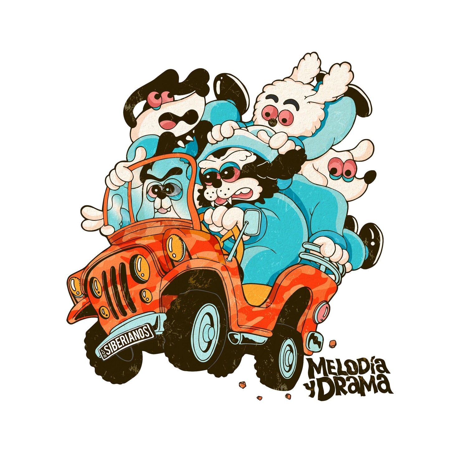 Cartoon of four dogs riding in a red open-top jeep.