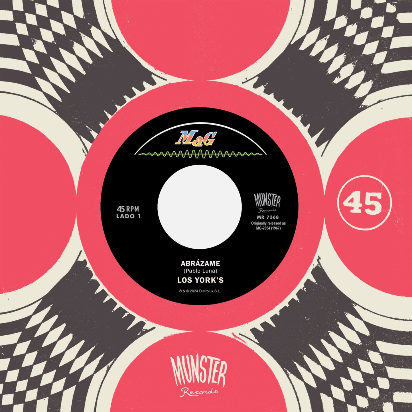 Black and white vinyl record label with red accents, text reading "Los Yorks - Abrazame".