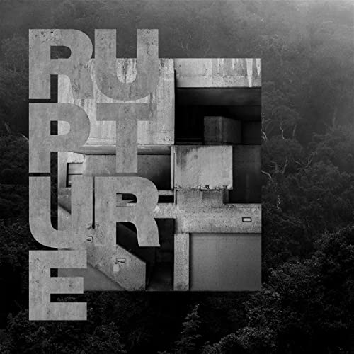 Black and white album cover with large, textured letters and concrete architecture.