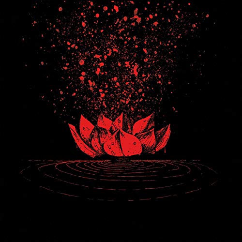 Red lotus flower illustration with scattered red particles on black background.