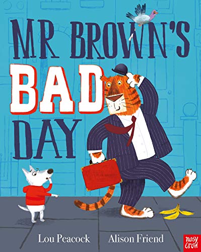 Tiger in a suit with a briefcase, banana peel on floor.