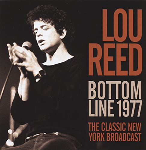Lou Reed performing live, album cover for "Bottom Line 1977" CD.