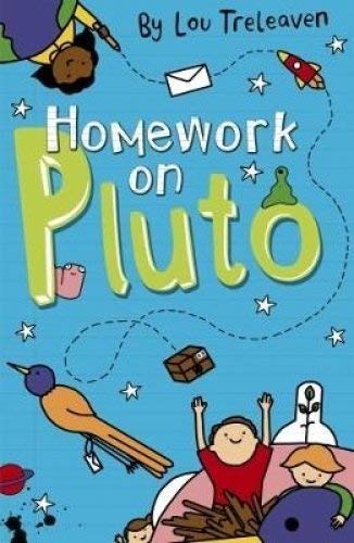 Book cover for Homework on Pluto by Lou Treleaven with colorful whimsical illustrations.