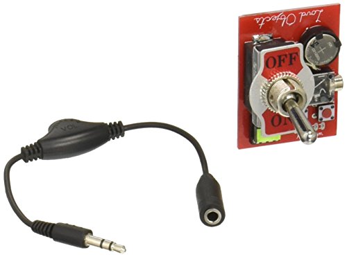 A red circuit board with a toggle switch and an attached audio cable.