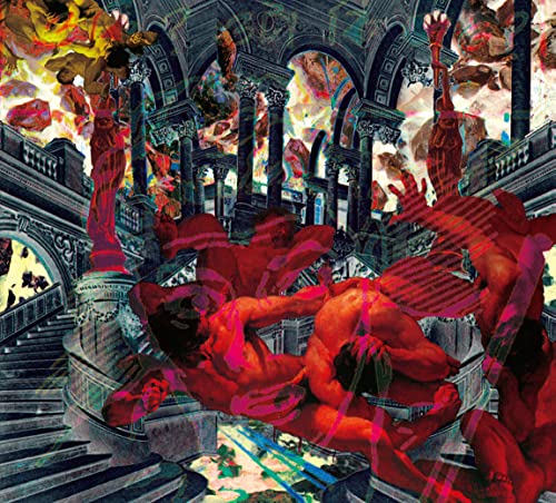 Surreal album cover with red figures in a grand, decaying architectural space.
