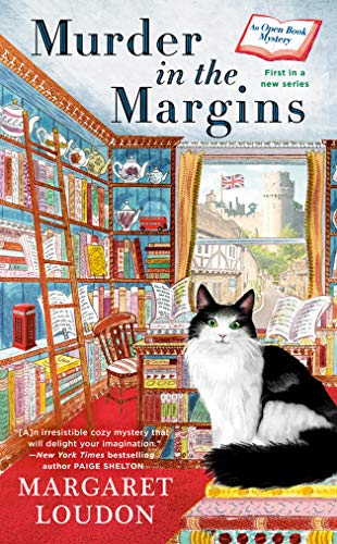 Book cover: cozy mystery scene with a cat, books, and window view.