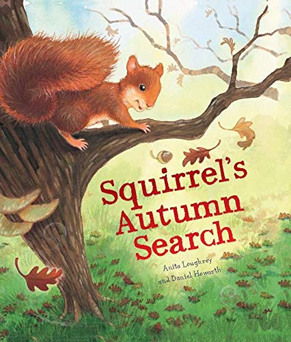 Red squirrel climbing a tree branch amidst autumn leaves and mushrooms.
