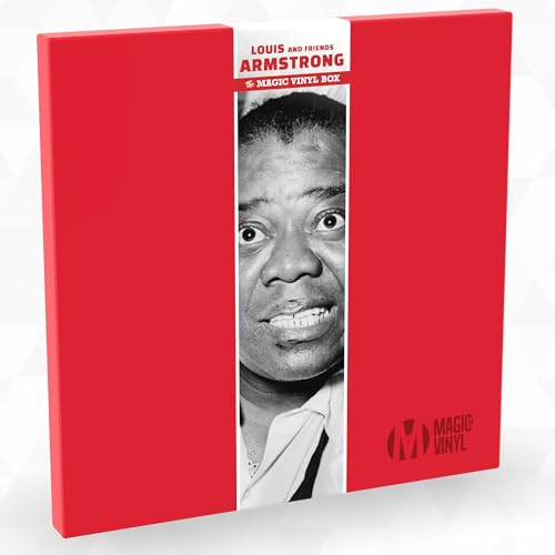Red vinyl box set featuring a black and white portrait of Louis Armstrong.