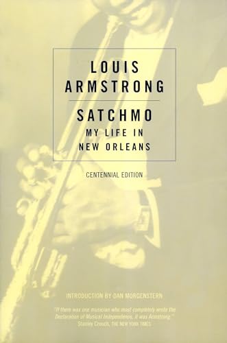 Book cover for "Satchmo" biography of Louis Armstrong with trumpet image.