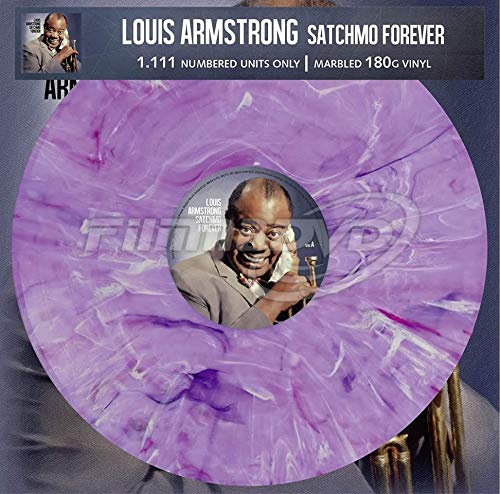 Purple marbled vinyl record featuring Louis Armstrong’s portrait and album title.