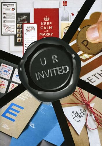 “U R Invited” book cover with wax seal, cards, and wedding details.