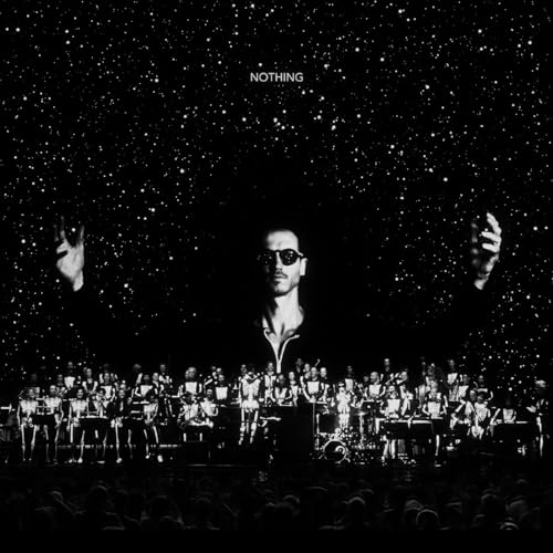 Black and white album cover with a man, orchestra, and starry background.