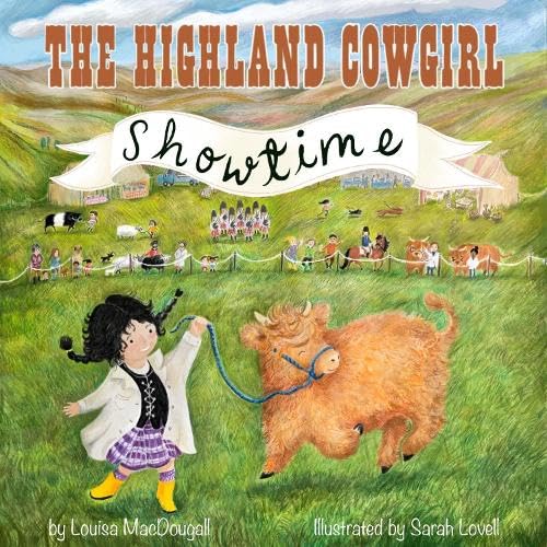 A girl in a kilt leads a fluffy Highland cow across a grassy field.
