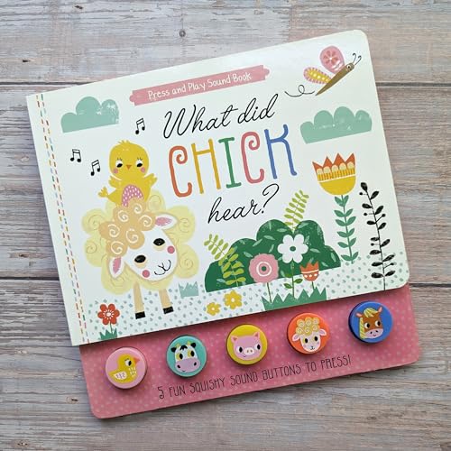 Children's sound book cover showing a yellow chick sitting on a white sheep.
