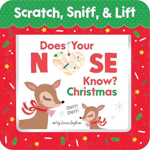 Red book cover with reindeer, text “Does Your Nose Know? Christmas”.
