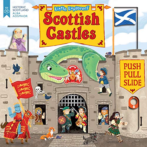Children’s book cover depicting a Scottish castle with figures and a dragon.