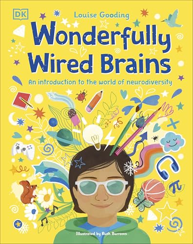 Book cover with a yellow background featuring a child in glasses surrounded by doodles.