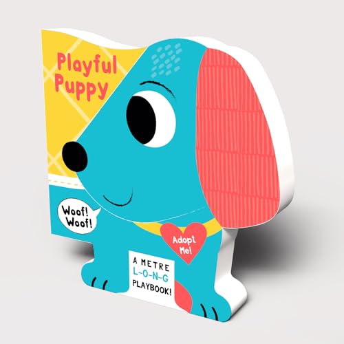 Blue cartoon puppy-shaped board book with red ear and heart.