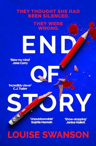 Book cover: “End of Story” with broken pencil and red splatters.