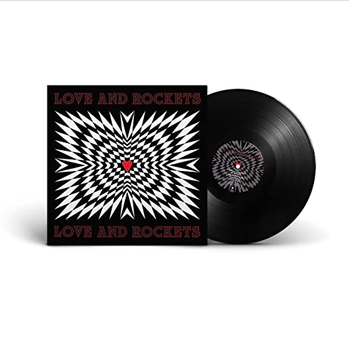 Black vinyl record with cover featuring a black and white spiral design.