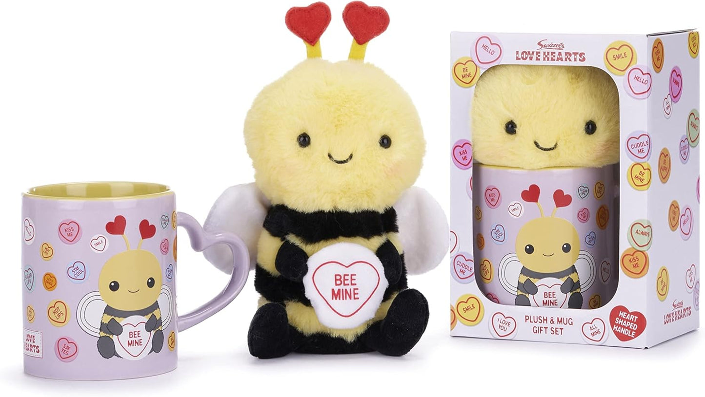 Bee-themed plush toy, mug, and gift box with heart details.