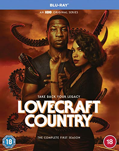 Blu-ray cover for "Lovecraft Country" featuring two Black individuals and tentacles.