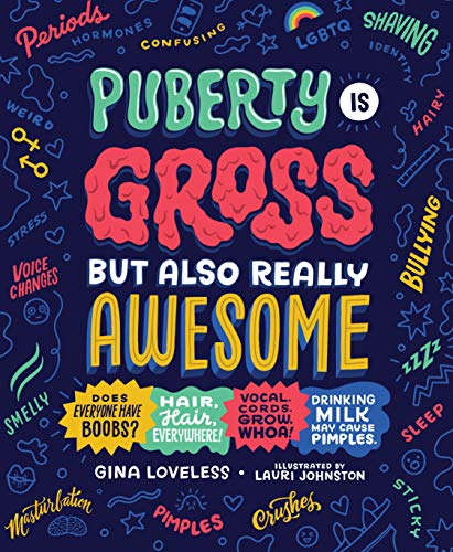 Book cover with colorful text listing puberty topics and illustrations.
