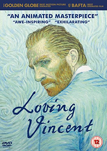 "Loving Vincent" DVD cover featuring Vincent van Gogh's portrait in swirling blue background.