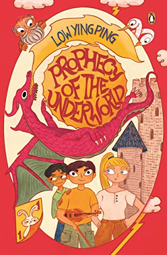 Book cover: children, dragon, castle, and fantastical creatures in illustration.