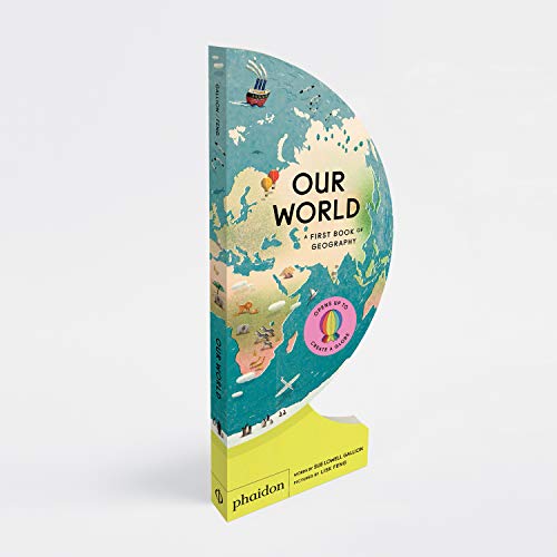 A die-cut book shaped like a globe featuring a world map illustration.