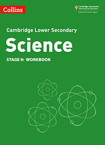 Green science workbook cover with atom diagrams, titled “Stage 9”.