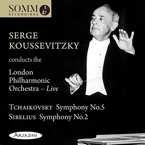 Black and white CD cover featuring conductor Serge Koussevitzky with text and Somm Recordings logo.