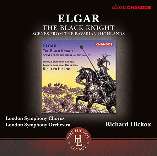 CD cover for Elgar’s “The Black Knight” featuring a knight on horseback.