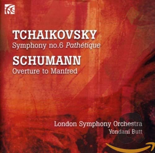 CD cover for Tchaikovsky and Schumann orchestral works, red textured background.