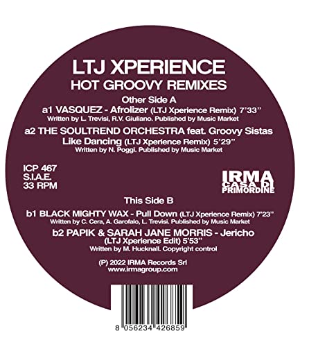 Vinyl record label for “LTJ Xperience - Hot Groovy Remixes” with barcode.