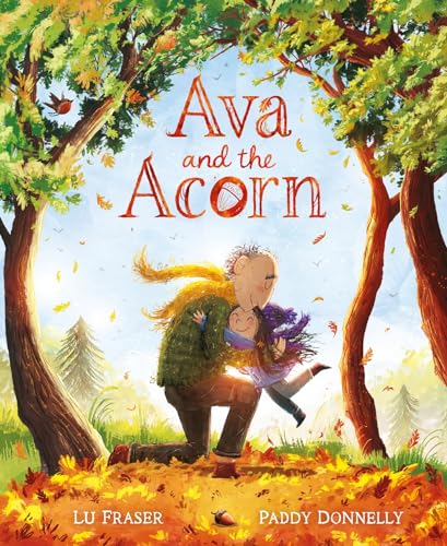 An elderly man hugs a young girl in an autumn forest on this book cover.