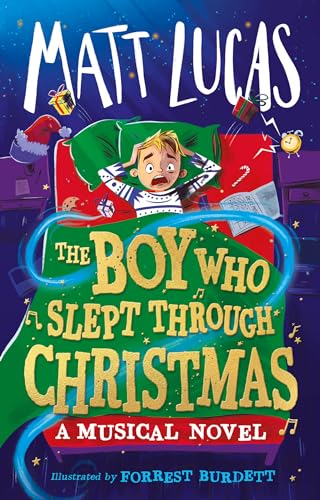 Book cover: boy in pajamas surprised amidst Christmas gifts and decorations.